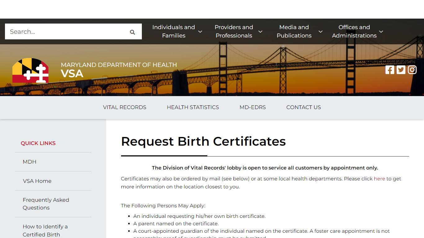 Maryland Department of Health birth